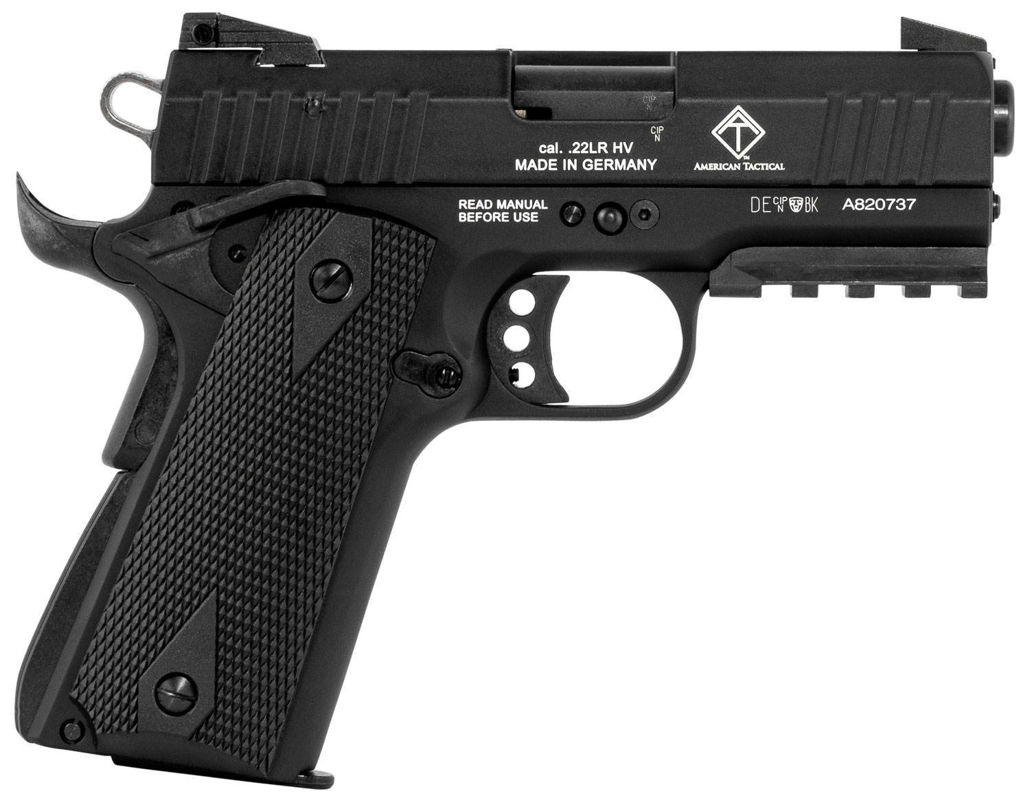 GSG GERG2210GSG9CA 922 *CA Compliant 22 LR 10+1 3.40" All Black Steel Barrel, Serrated Slide, Zinc Alloy w/Picatinny Rail & Beavertail Frame, Black Double Diamond Polymer Grip
