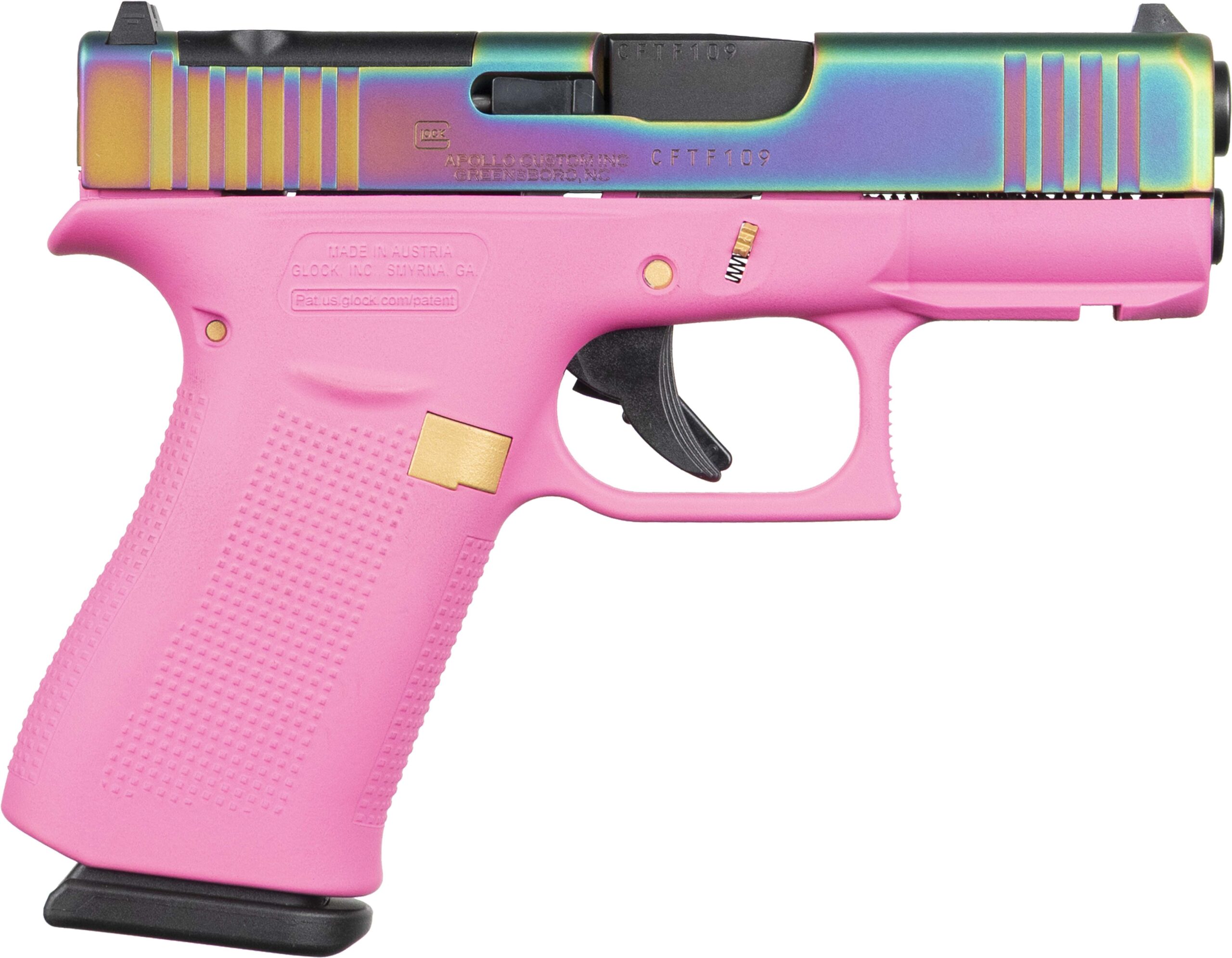 Apollo Custom GLK 43X MOS 9mm 10-Round Pink Frame Matte Rainbow PVD Slide